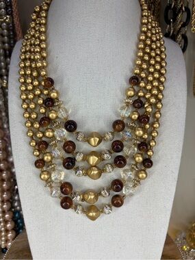 5 Strand Japan Vintage Necklace Gold Tone Beaded Jewelry